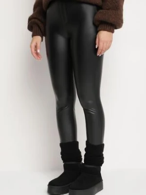 Czarne Legginsy z Ekoskóry z Wysokim Stanem i Wsuwanymi Kieszeniami Rievalia