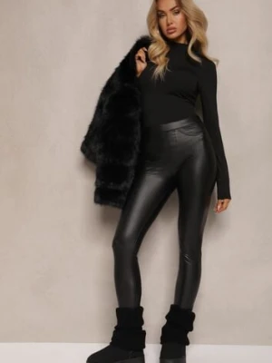 Czarne Legginsy z Imitacji Skóry High Waist Noriel defox