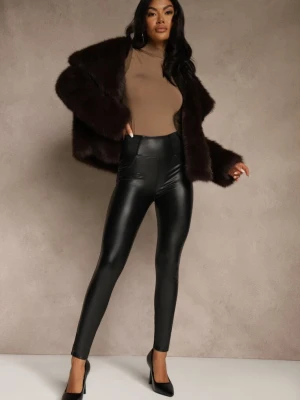 Czarne Legginsy z Imitacji Skóry High Waist z Ociepleniem Felilith Defox