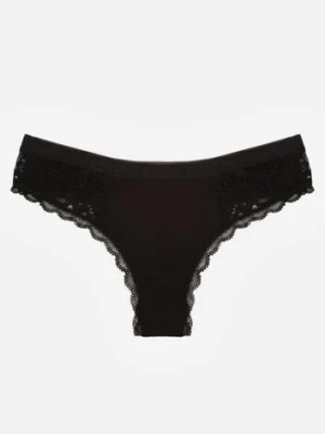 Czarne Majtki Stringi Ozdobione Koronką z Bawełną Meniliphis