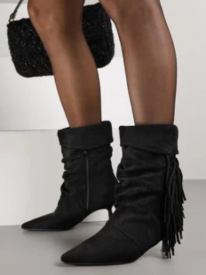 Czarne Marszczone Botki na Kaczuszce z Wywiniętą Cholewką z Frędzlami Fevea ideal