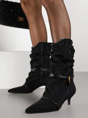 Czarne Marszczone Botki na Obcasie Typu Kaczuszka ze Sznurkiem i Ozdobą Avidvire c&l fashion