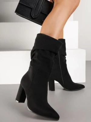 Czarne Marszczone Botki z Imitacji Zamszu na Słupkowym Obcasie Leriline ideal