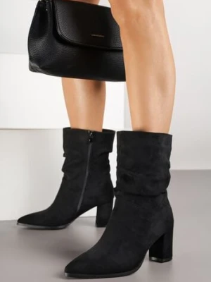 Czarne Marszczone Botki z Imitacji Zamszu na Słupkowym Obcasie Nalorese super mode