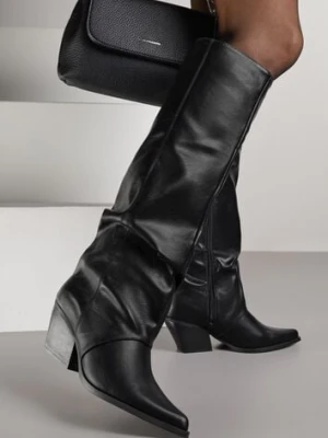 Czarne Marszczone Kozaki na Obcasie w Kształcie Stożka Atima