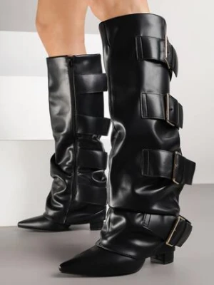 Czarne Marszczone Kozaki na Słupkowym Obcasie Zdobione Sprzączkami Arqellia ideal