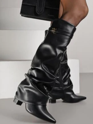 Czarne Marszczone Kozaki na Słupku z Wywiniętą Cholewką z Klamerką Cavea