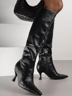 Czarne Marszczone Kozaki Vices na Obcasie Typu Kaczuszka Miomadia