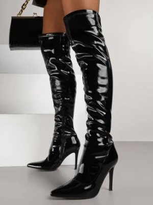 Czarne Marszczone Lakierowane Kozaki Vices na Szpilce z Noskiem w Szpic Caldissa