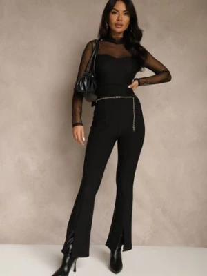 Czarne Materiałowe Spodnie Dzwony z Ozdobnym Łańcuszkiem Amelana yu & me