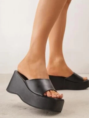 Czarne Minimalistyczne Klapki na Koturnie z Kwadratowym Noskiem Mosing sergio todzi