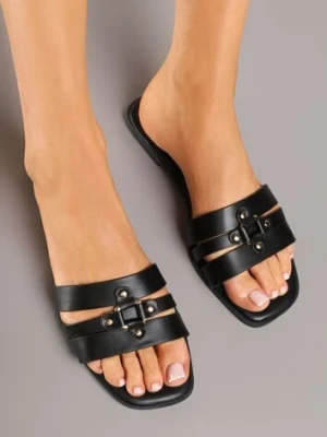 Czarne Minimalistyczne Klapki Zdobione Elegancką Aplikacją Harinel c'm paris