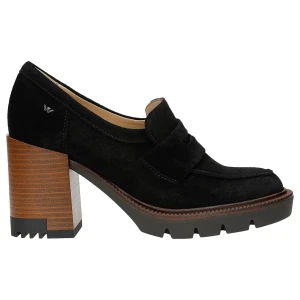 Czarne mokasyny damskie z dwoiny welurowej na obcasie 46239-61 Wojas