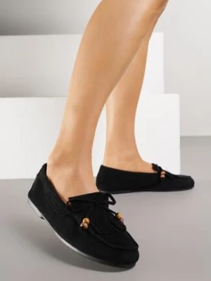 Czarne Mokasyny Ozdobione Frędzlami Kokardą i Koralikami Woodswift marquiiz