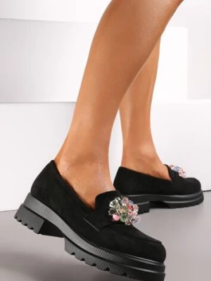 Czarne Mokasyny z Imitacji Zamszu z Kryształkami Aelara