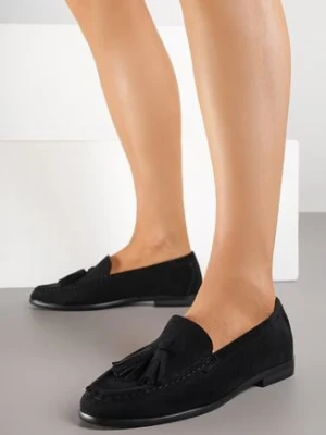 Czarne Mokasyny z Imitacji Zamszu Zdobione Frędzlami Naloretia joalice paris