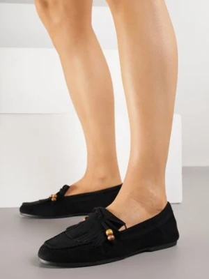 Czarne Mokasyny z Koralikami Kokardą i Frędzlami Nahda marquiiz