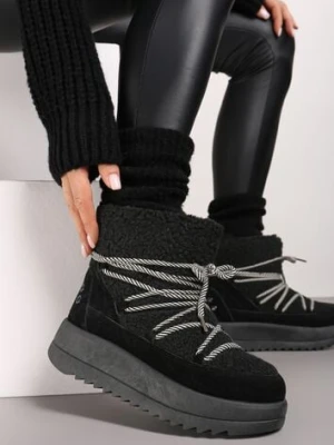 Czarne Niezapinane Śniegowce na Niskiej Platformie z Futerkiem i Sznurowaniem Avalisande