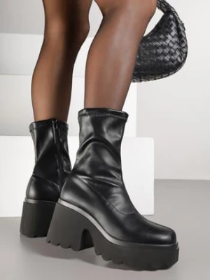 Czarne Ocieplane Botki Vices na Słupku i Platformie z Przylegającą Cholewką Faleina
