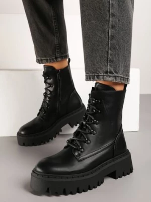 Czarne Ocieplane Botki Workery na Płaskiej Podeszwie ze Sznurowaniem Berilea