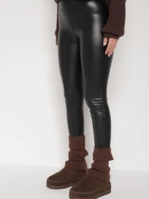 Czarne Ocieplane Legginsy z Ekoskóry z Wysokim Stanem Feliora