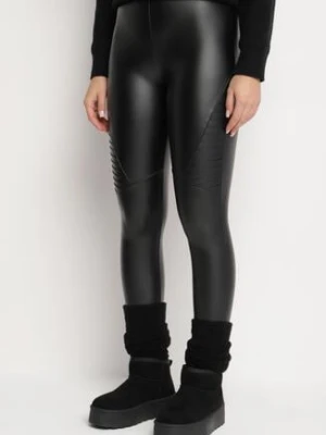 Czarne Ocieplane Spodnie z Imitacji Skóry o Dopasowanym Kroju z Wysokim Stanem Rivaki defox