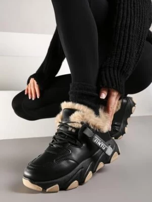 Czarne Ocieplane Sznurowane Sneakersy na Grubej Podeszwie z Ozdobnym Futerkiem Visha