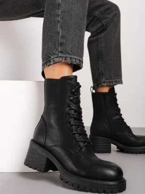 Czarne Ocieplone Botki na Obcasie w Stylu Workerów ze Sznurowaniem Ciaris