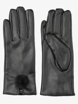 Czarne Ocieplone Rękawiczki z Imitacji Skóry z Pomponem Laidlesh