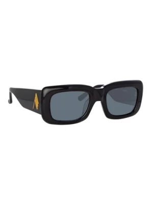 Czarne Okulary Przeciwsłoneczne w Kształcie Prostokąta z Złotymi Szczegółami Linda Farrow