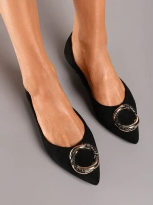 Czarne Płaskie Balerinki Ozdobione Aplikacją o Złotym Wykończeniu Edolia