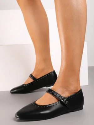 Czarne Płaskie Balerinki w Stylu Mary Jane Ozdobione Ćwiekami Biandra