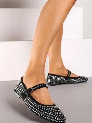 Czarne Płaskie Balerinki z Cyrkoniami i Ozdobnym Paskiem Menivia
