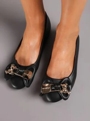 Czarne Płaskie Balerinki z Kokardą na Nosku i Ozdobną Metalową Klamrą Timaael