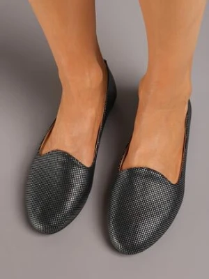 Czarne Płaskie Balerinki ze Skórzaną Wkładką Ozdobione Brokatem Mosefia