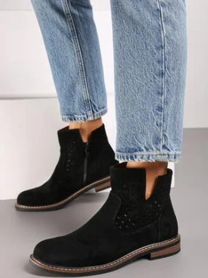 Czarne Płaskie Botki Sztyblety z Ażurowym Wzorem ze Skórzaną Wkładką Terisina