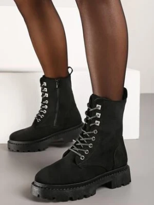 Czarne Płaskie Botki z Imitacji Zamszu w Stylu Workerów z Cyrkoniami i Ozdobnym Sznurowaniem Lerionas vices