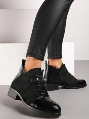 Czarne Płaskie Botki z Kontrastowymi Elementami i Sznurowaniem Lorian