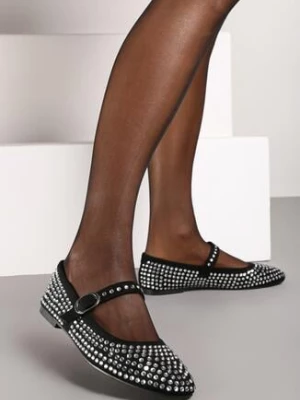 Czarne Płaskie Cyrkoniowe Balerinki w Stylu Mary Jane Omesia