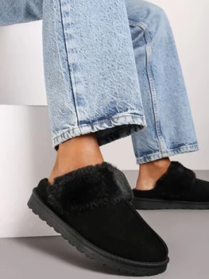 Czarne Płaskie Kapcie Ozdobione Futerkiem Avettria