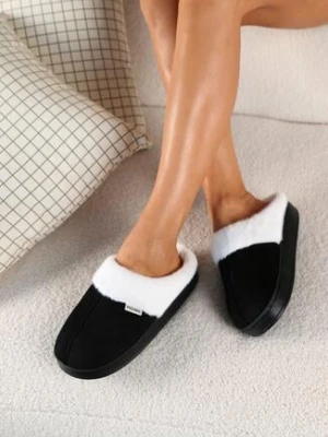 Czarne Płaskie Kapcie z Futerkiem Leretha