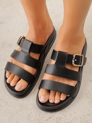 Czarne Płaskie Klapki z Paskiem ze Sprzączką Tameren mulanka