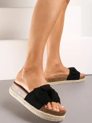 Czarne Płaskie Klapki z Wkładką z Imitacji Skóry i Ozdobną Kokardą Vrisas