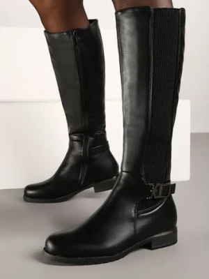 Czarne Płaskie Kozaki w Stylu Muszkieterek z Ozdobną Klamrą Annelis