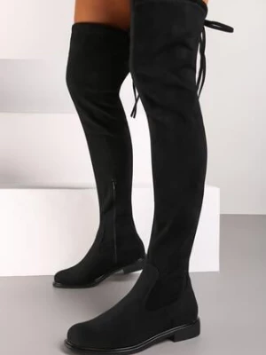 Czarne Płaskie Kozaki w Stylu Muszkieterek z Wiązaniem i Elastyczną Cholewką Ansandra