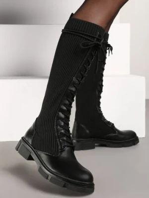 Czarne Płaskie Kozaki ze Skarpetową Cholewką i Sznurowaniem Sannirael bosido