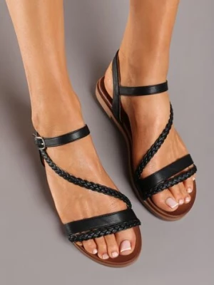 Czarne Płaskie Sandały z Ekoskóry Zapinane na Sprzączkę Kradia
