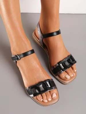 Czarne Płaskie Sandały z Łańcuszkową Klamrą Briarly