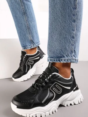 Czarne Płaskie Sneakersy na Grubej Podeszwie z Kolorowymi Wstawkami i Metalową Ozdobą Paussa