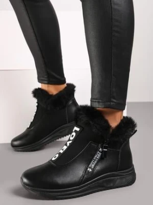 Czarne Płaskie Sneakersy z Napisami i Futerkiem Riantha